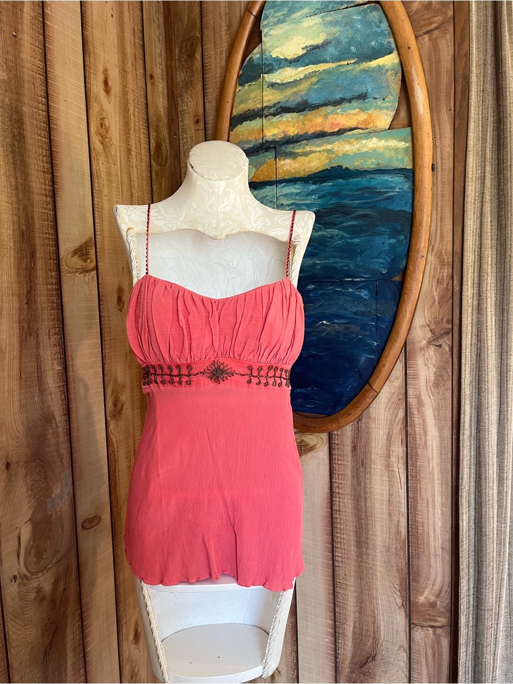 💋 Luxe Coral Pink Beaded Camisole with Adjustable Straps